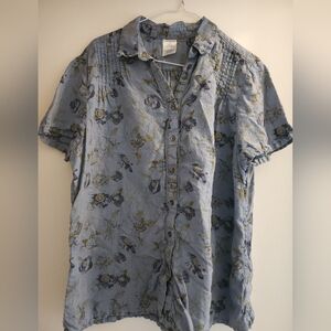 Lands End Linen Blouse. Blue floral. Size 1x. Preloved.